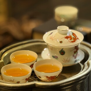 香港祥兴茶行定制纯手绘库存祥龙薄胎潮汕功夫茶套装盖碗蛋壳杯