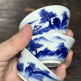 八九十年代潮州枫溪窑若深珍藏纯手绘豆青釉青花工夫茶杯斗笠杯