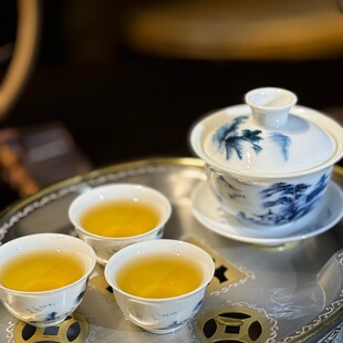 手绘青花三才盖碗茶杯白瓷青花瓷功夫泡喝敬沏陶瓷茶具