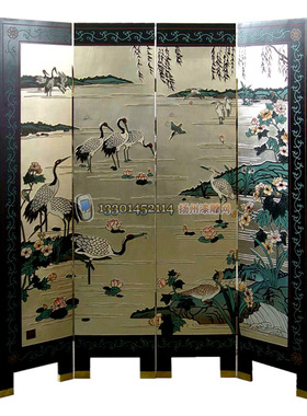 扬州漆器新古典漆艺家居装饰 刻漆杨柳鹭鸶四折屏风玄关隔断定制
