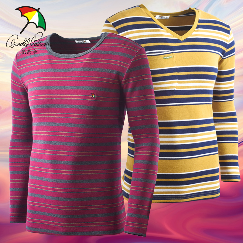 花雨伞男士棉质单件衫条纹圆领V领保暖上衣修身打底青少年中年冬