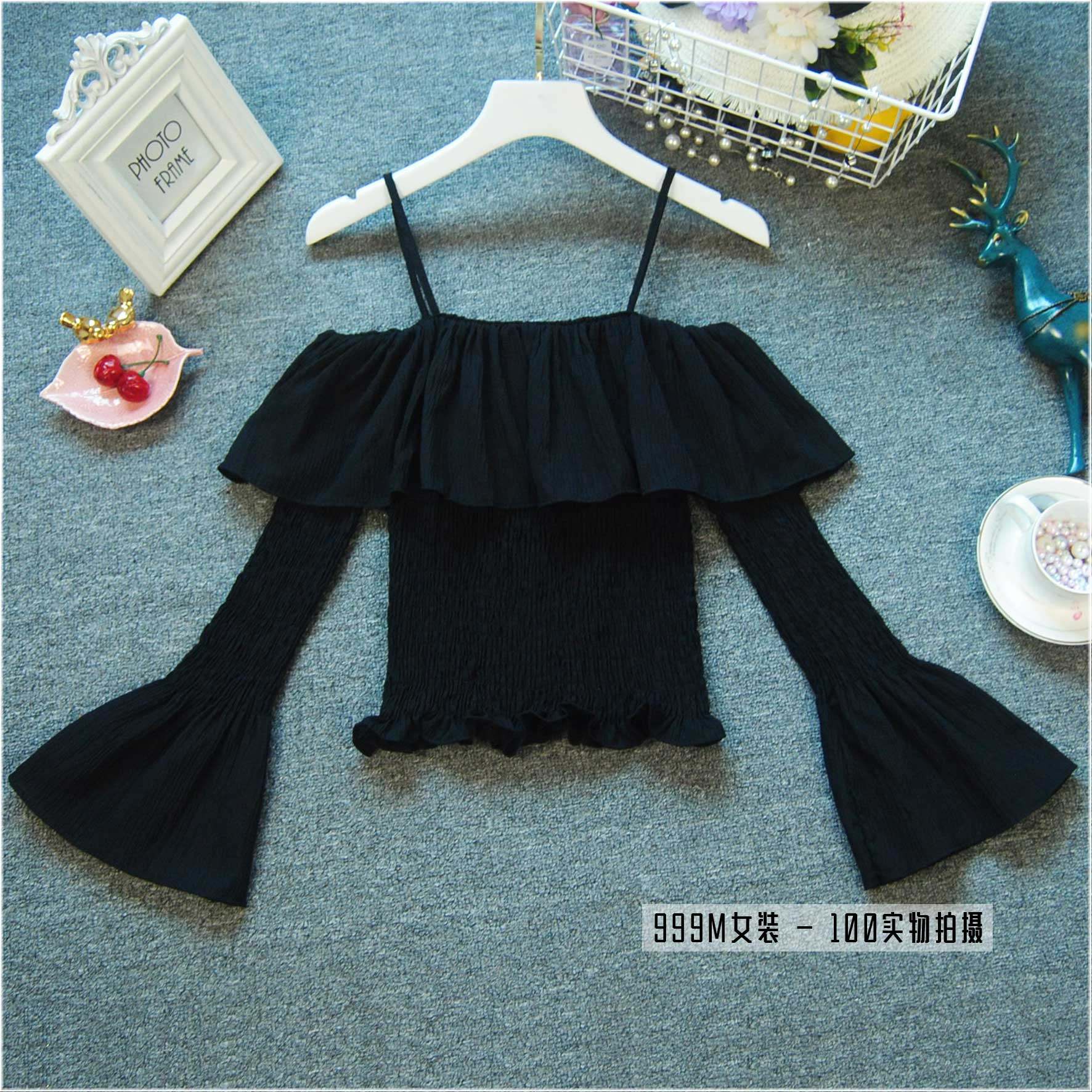 黑色吊带一字领露肩褶皱修身显瘦上衣女士秋装新款喇叭袖雪纺小衫,女装/女士精品,蕾丝衫/雪纺衫,淘宝优惠券,粉丝福利购,淘宝优惠卷