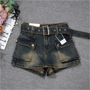 配腰带热裤 显瘦提臀紧身短裙裤 女士辣妹装 欧洲站高腰a字牛仔短裤