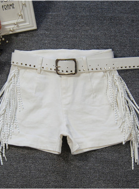 春秋个性高腰热裤流苏镶钻休闲牛仔短裤白色女高腰欧美潮流靴裤潮