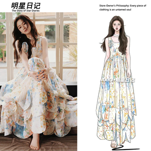 李兰迪同款花漾印花连衣裙女夏季法式浪漫无袖碎花裙长裙2026夏