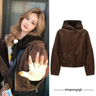白鹿明星同款复古麂皮绒连帽外套女小众设计感宽松百搭羊羔绒外套