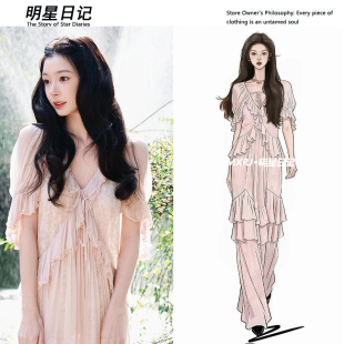 V领绑带粉色连衣裙时尚 新款 搭小众荷叶边长裙子 26春季 易梦玲同款