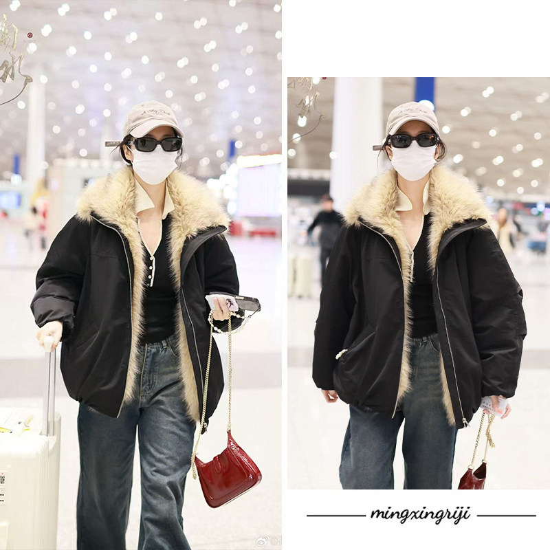 王楚然孙千同款复古毛领羽绒服