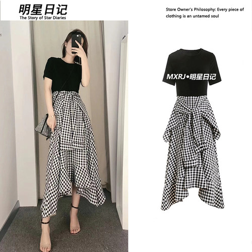 2026夏季新款假两件格子连衣裙女