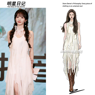 裙子女2026夏 连衣裙设计感小众挂脖长款 田曦薇同款 白色不规则无袖