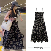 新款 刘浩存同款 黑色连衣裙女长裙2025夏季 复古重工刺绣吊带裙子女
