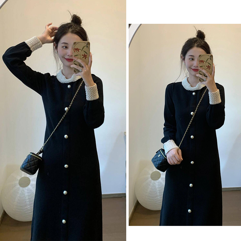 明星日记| 手工钉珠法式黑色连衣裙女气质百搭复古显瘦针织长裙子