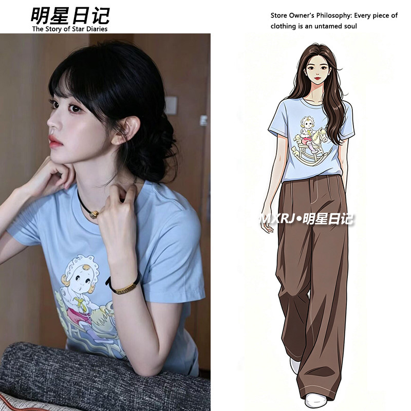 田曦薇明星同款马年限定摇摆木马复古印花圆领短袖T恤女夏季2026