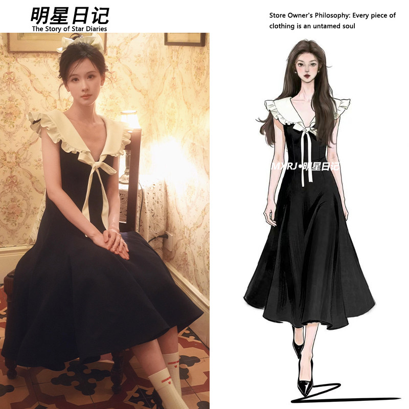 陈都灵同款温柔风黑白撞色大翻领蝴蝶结连衣裙收腰显瘦气质裙子夏