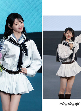 明星日记田曦薇同款学院风白色收腰连衣裙早春衬衫短裙格纹假两件