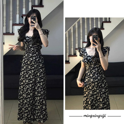 法式黑色碎花连衣裙女