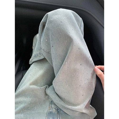 复古浅色重工烫钻直筒牛仔裤女2025春季设计感高腰显瘦休闲阔腿裤