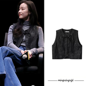 马甲国风盘扣设计感上衣25早春 提花无袖 倪妮同款 黑色高级感新中式