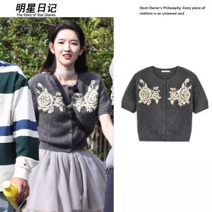 针织衫 灰色绣花短袖 毛衣网纱蓬蓬短裙半 地球超新鲜王玉雯同款 原版