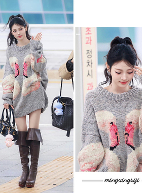 明星日记Anna田中杏奈同款天鹅图案灰色毛衣2025秋冬慵懒风针织衫