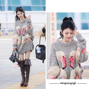 明星日记Anna田中杏奈同款 天鹅图案灰色毛衣2025秋冬慵懒风针织衫