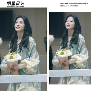 春色寄情人周雨彤明星同款高定法式重工蕾丝拼接衬衫裙气质连衣裙