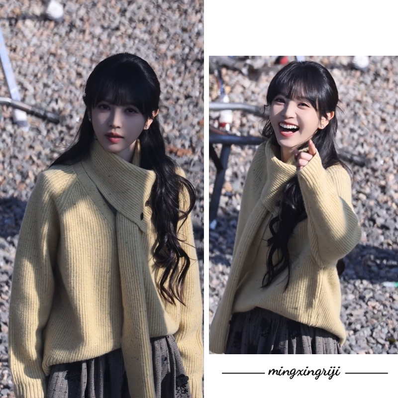 田曦薇同款黄色毛衣针织衫围巾女