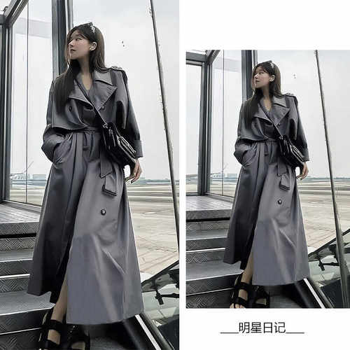赵露思明星同款英伦风过膝风衣外套女2025春秋新款复古超长大衣女