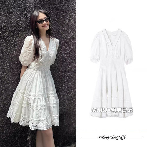 李兰迪同款法式白色镂空连衣裙