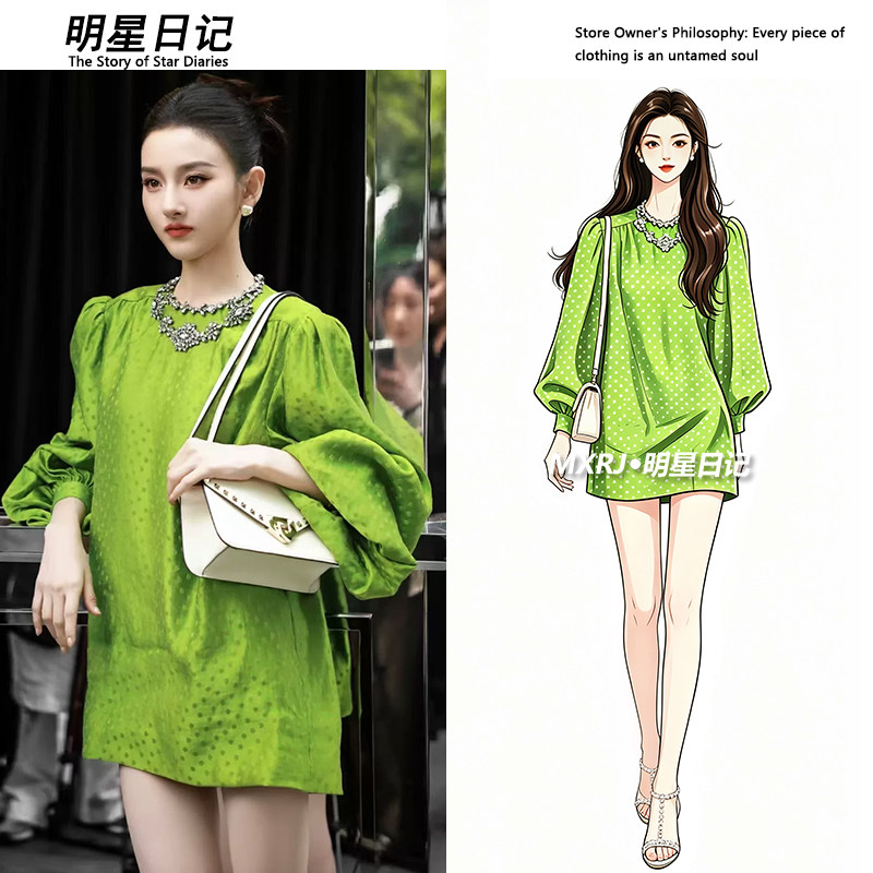 宋祖儿同款牛油果绿波点连衣裙女夏设计感泡泡袖显瘦短裙时尚气质
