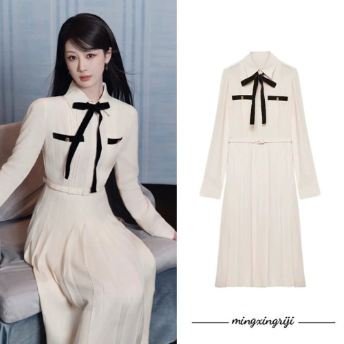 杨紫同款衣衬衫连衣裙褶皱高级感蝴蝶结飘带长袖裙子气质收腰长裙