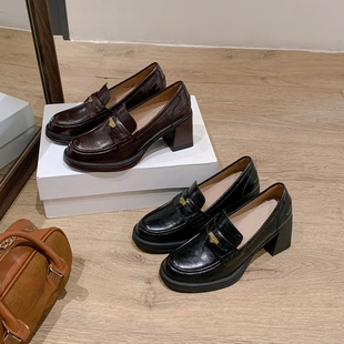 葡萄妈studio同款复古金币乐福鞋女新款英伦风小个子增高粗跟单鞋