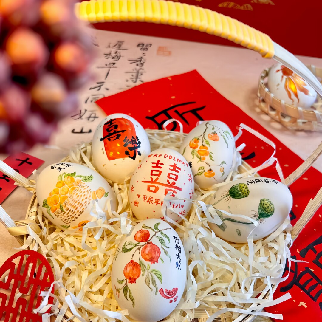 纯手绘喜蛋鸡蛋壳画百天宴周岁生日满月宴喜蛋订婚装饰摆件