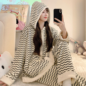 法兰绒拉链开衫 连帽套装 宽松大码 睡衣女冬季 220斤可穿家居服M 5XL