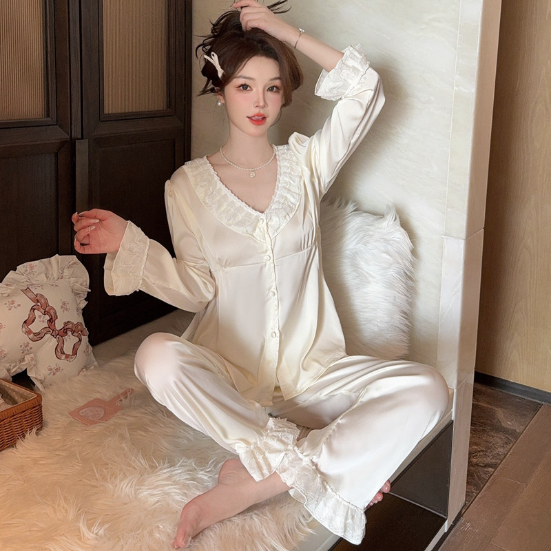 长袖睡衣冰丝缎面开衫家居服套装
