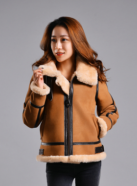 进口COCKPIT飞行服B3 女士磨砂高端皮毛一体飞行皮衣防寒外衣皮草