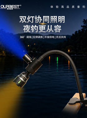 欧贝丝特筏钓双头灯可调光夜钓灯夹式诱鱼照梢灯多功能USB钓鱼灯