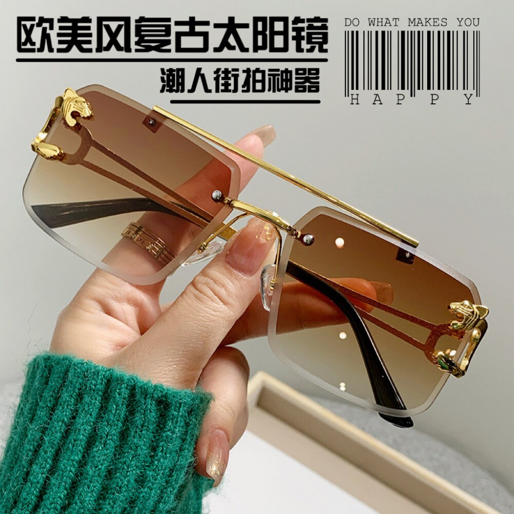 欧美复古方大框切边金属方框墨镜