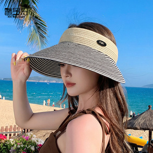 夏季环绕式大檐防晒帽子女海边沙滩草编遮阳帽百搭时尚条纹空顶帽
