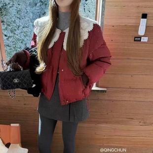 韩系娃娃领花边拼接小香风羽绒服女短款冬季宽松亮闪闪保暖面包服