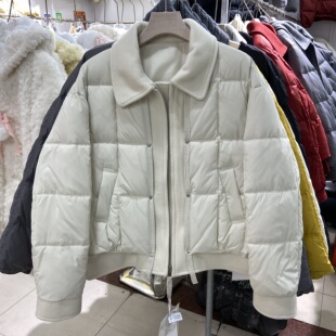 欧货设计感毛呢拼接撞色翻领羽绒服女短款冬季宽松假两件保暖外套