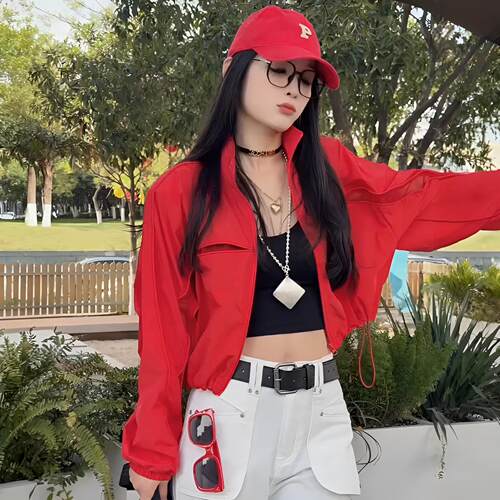 欧货辣妹立领网眼防晒服短外套女