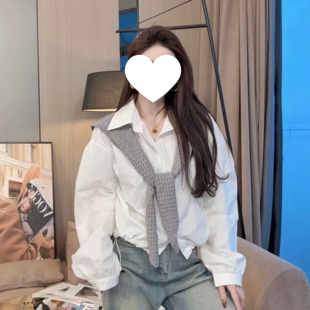 韩系慵懒风叠穿披肩白色翻领衬衫 减龄下摆抽绳独特衬衣 女宽松时尚