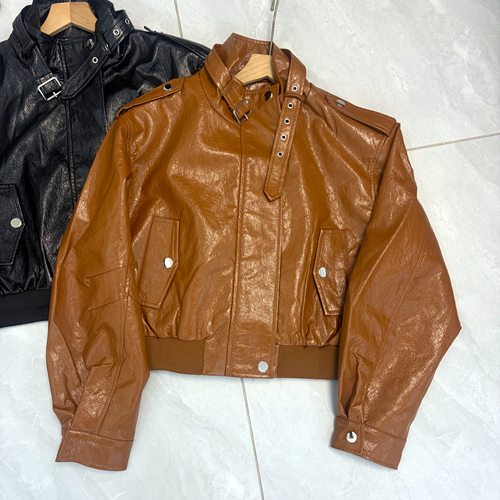 时髦立领系带机车风皮衣短外套女