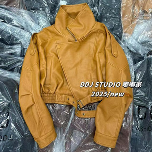 美式 宽松荔枝纹时髦洋气夹克外套 复古机车风大翻领系带皮衣女短款