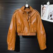 欧货酷飒辣妹立领系带机车风PU皮衣短外套女春秋时髦百搭夹克上衣