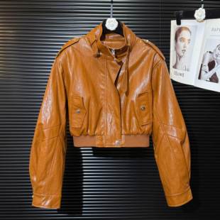 欧货酷飒辣妹立领系带机车风PU皮衣短外套女春秋时髦百搭夹克上衣