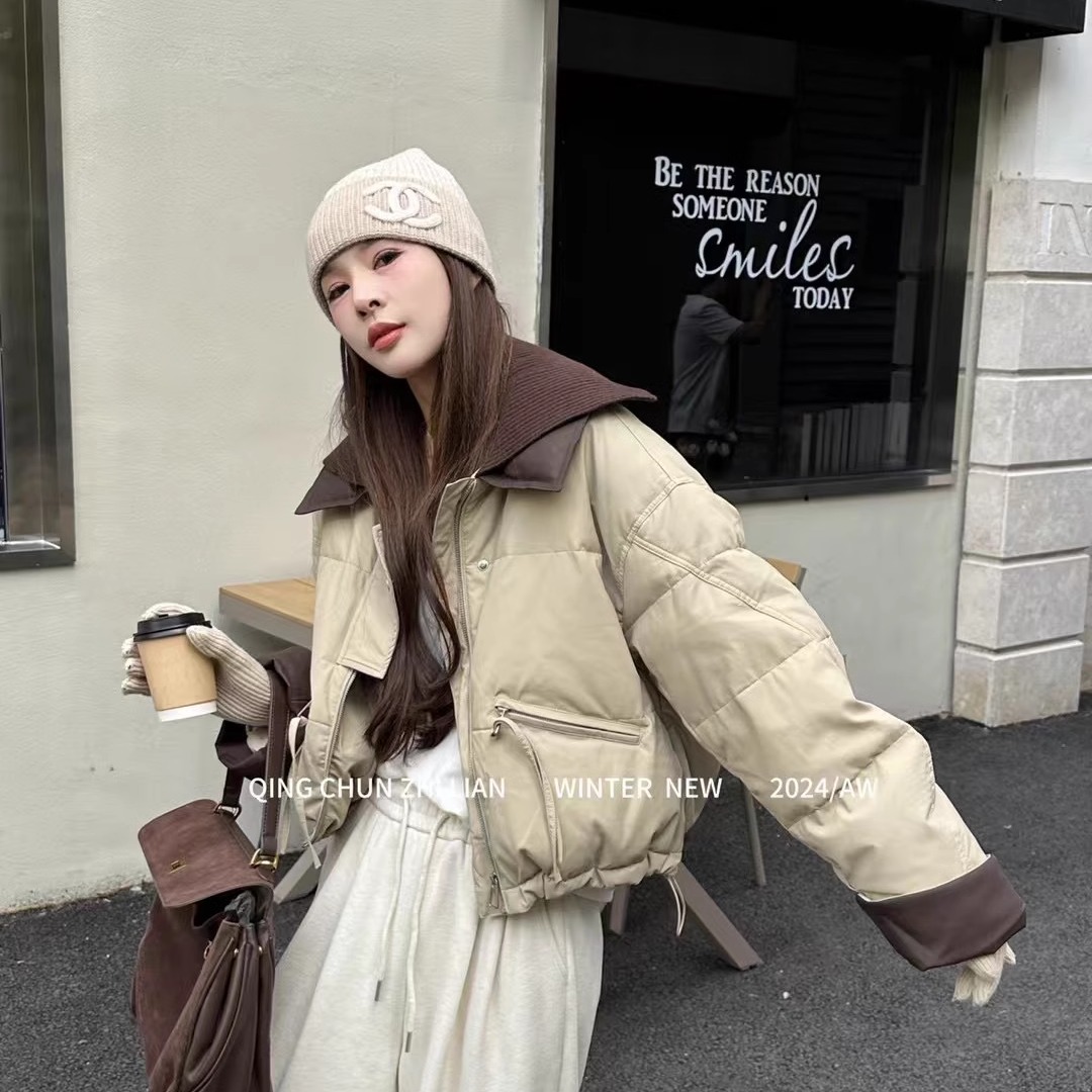 针织翻领短款云绒服女加厚防寒服