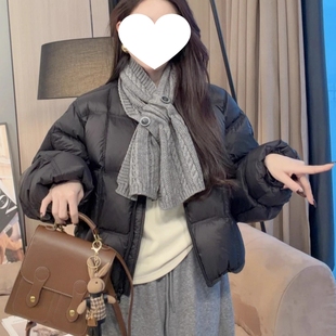 韩系气质减龄圆领方格泡芙羽绒服女短款冬季时尚面包服外套配围巾