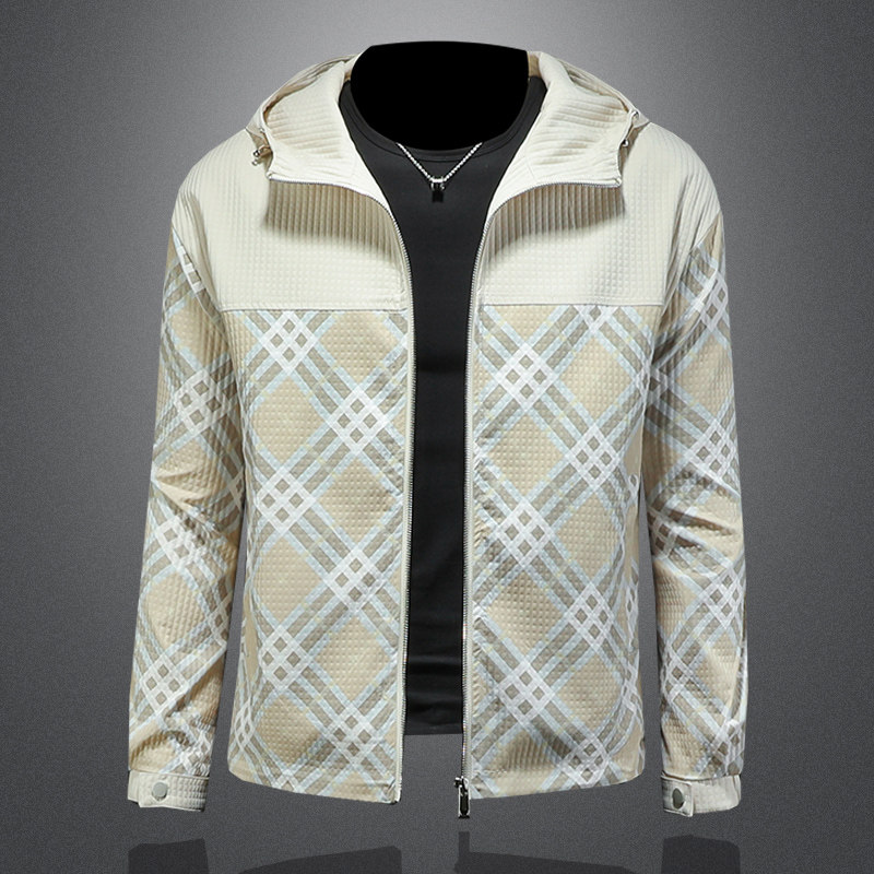 2026春季新款男士连帽格子拼接夹克QT212-货号F7772-P175镂空图，男装夹克，钱塘2010A